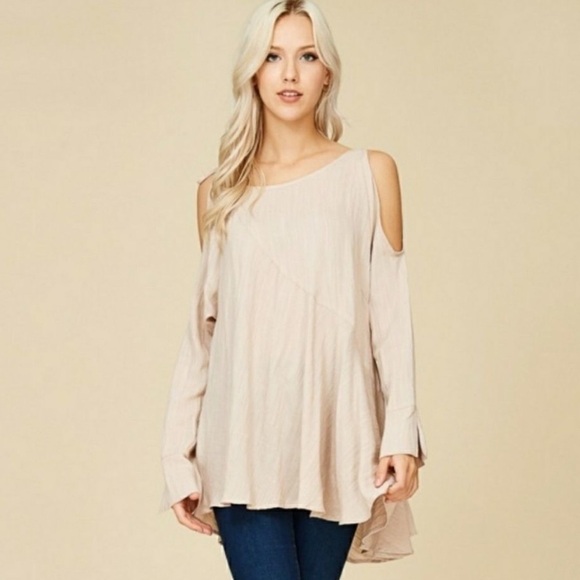 Crescent Tops - Crescent Light Beige Cold Shoulder Tunic